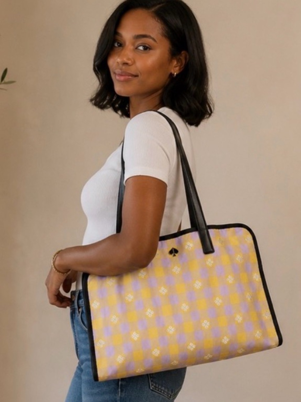 Kate Spade Morley XL Gingham Tote Yellow Lilac Spade Print Laptop Shoulder Bag